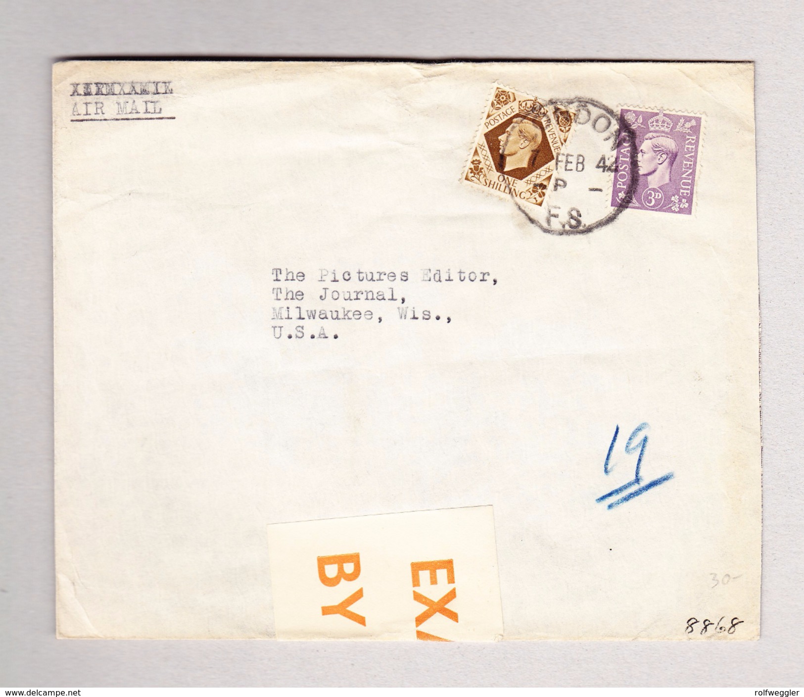 GB LONDON 7.2.1944 FS Zensur Brief Nach USA - Lettres & Documents