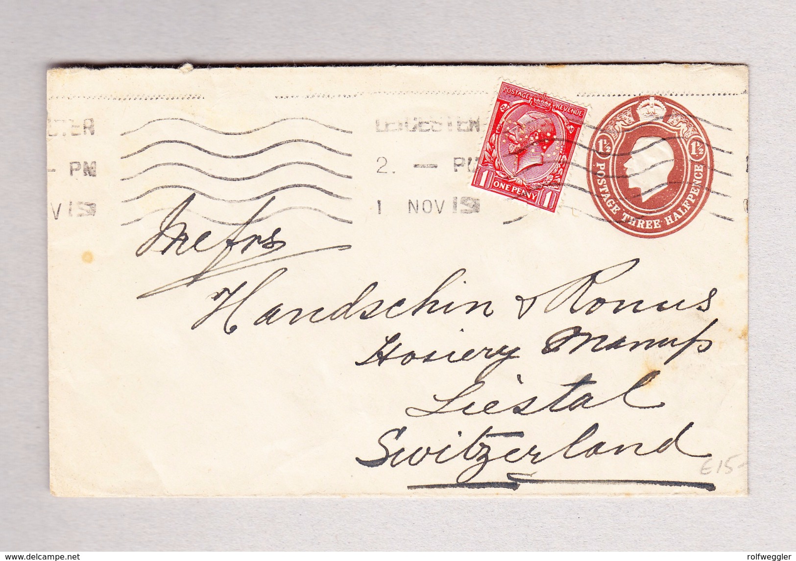 GB LONDON 1.11.1919 Ganzsache 3 Hlfp. Mit 1p Zusatz Perfin Brief Nach Liestal - Lettres & Documents