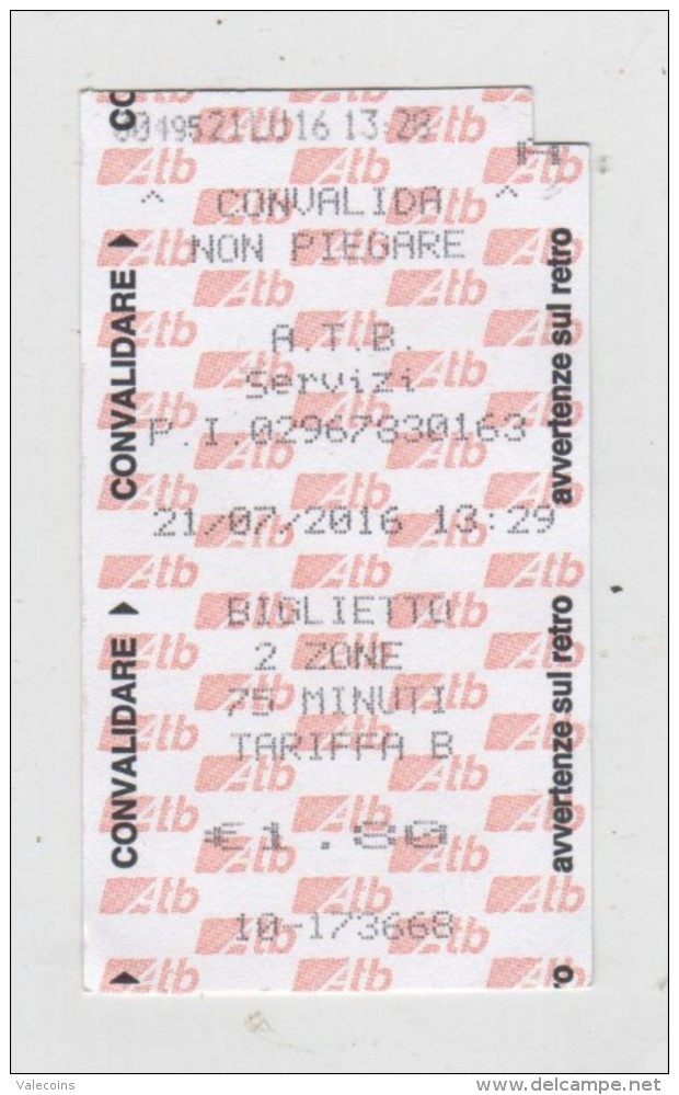 ITALIA ITALY Bergamo - ATB Biglietto Urbano Usato - Ticket Biglietto - Europe