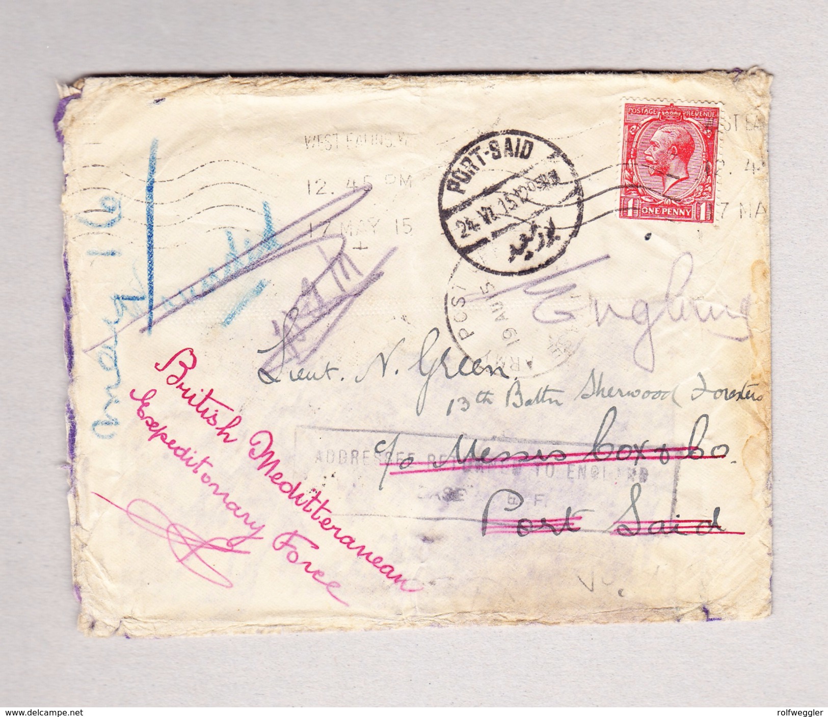 GB 17.5.1915 Georg 1p. Schiffsbrief Nach Port-Said Vermerk "British Meditteranean Expeditonary Force" - Lettres & Documents