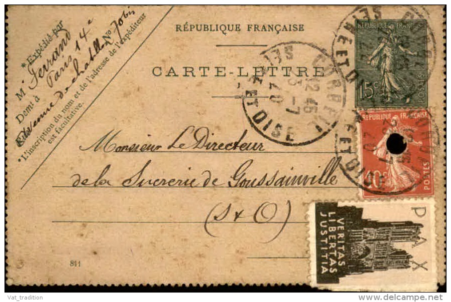 FRANCE - Entier Postal + Complément De Corbeil Pour Goussainville En  1920 , Vignette PAX - A Voir - L 5864 - Letter Cards