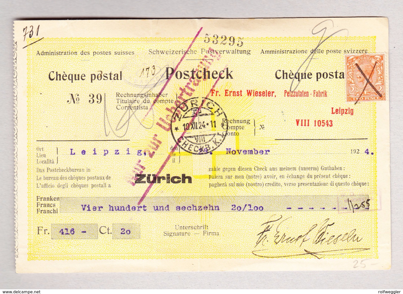 GB 2p Georg V Auf Schweizer Postscheck Kunden Aus Leipzig. Stempel Zürich 10.12.1924 CHEK.B.K.I. - Lettres & Documents