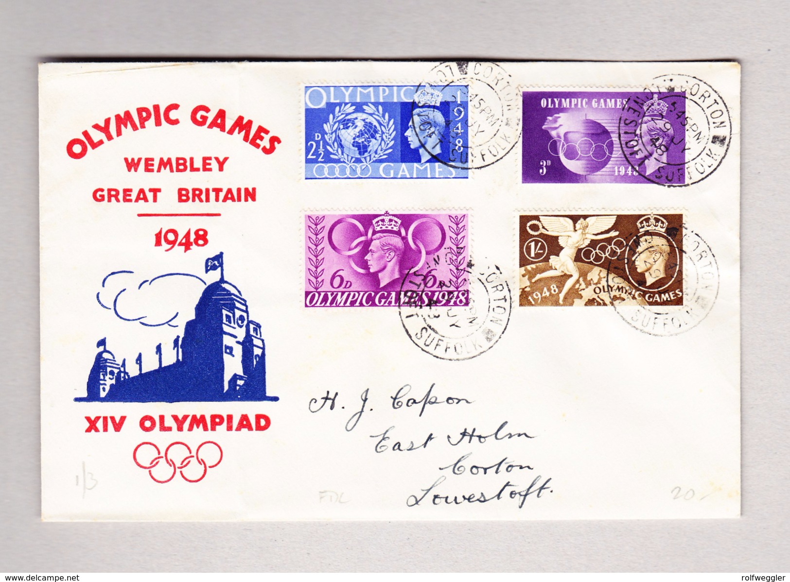 GB CORTON 29.7.1948 Ortsbrief Olympic Games Mit Dito Marken XIV Olympiade - Lettres & Documents