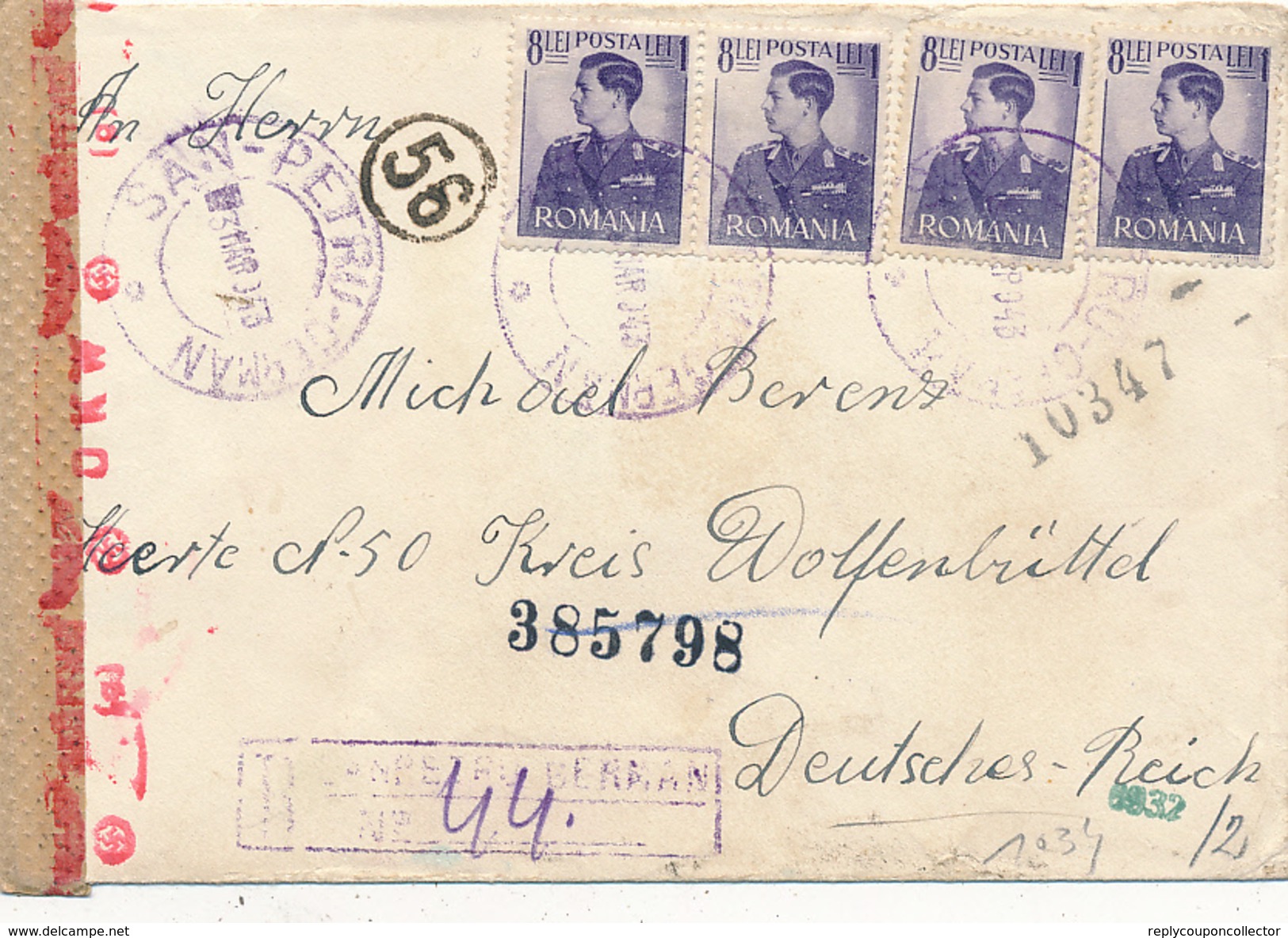 ROMANIA - SAN-PETRU GERMAN (Deutschsanktpeter)  - 1943 , R-Brief Nach Kreis Wolfenbüttel   - Zensur - Sonstige & Ohne Zuordnung