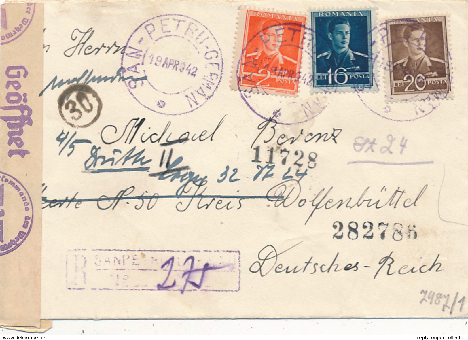 ROMANIA - SAN-PETRU GERMAN (Deutschsanktpeter)  - 1942 , R-Brief In Den Kreis Wolfenbüttel  - Zensur - Sonstige & Ohne Zuordnung