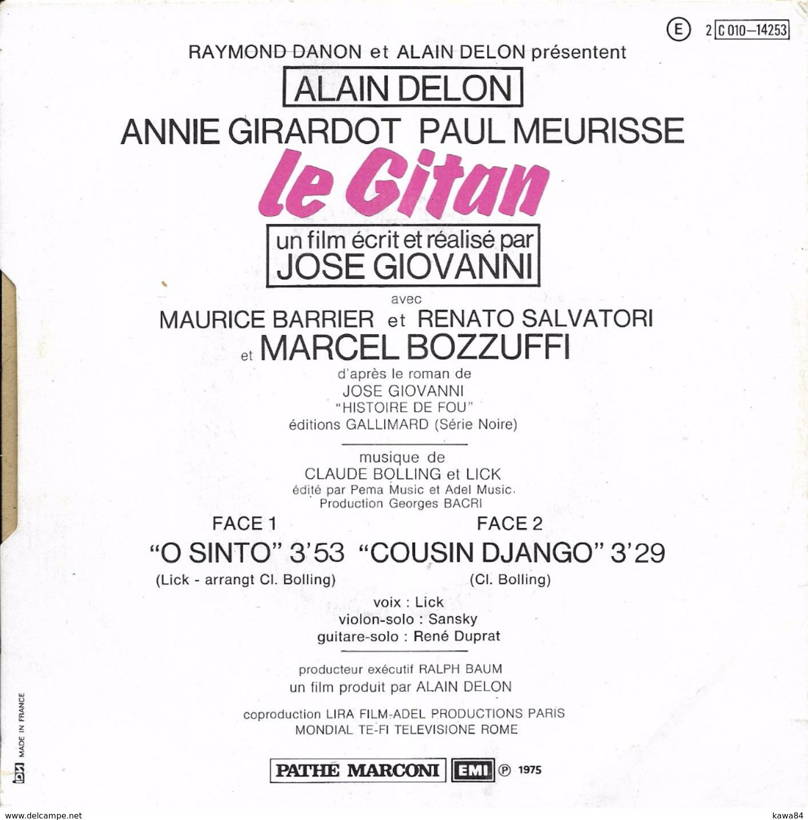 SP 45 RPM (7")  B-O-F  Claude Bolling Et Lick / Alain Delon  "  Le Gitan  " - Filmmusik