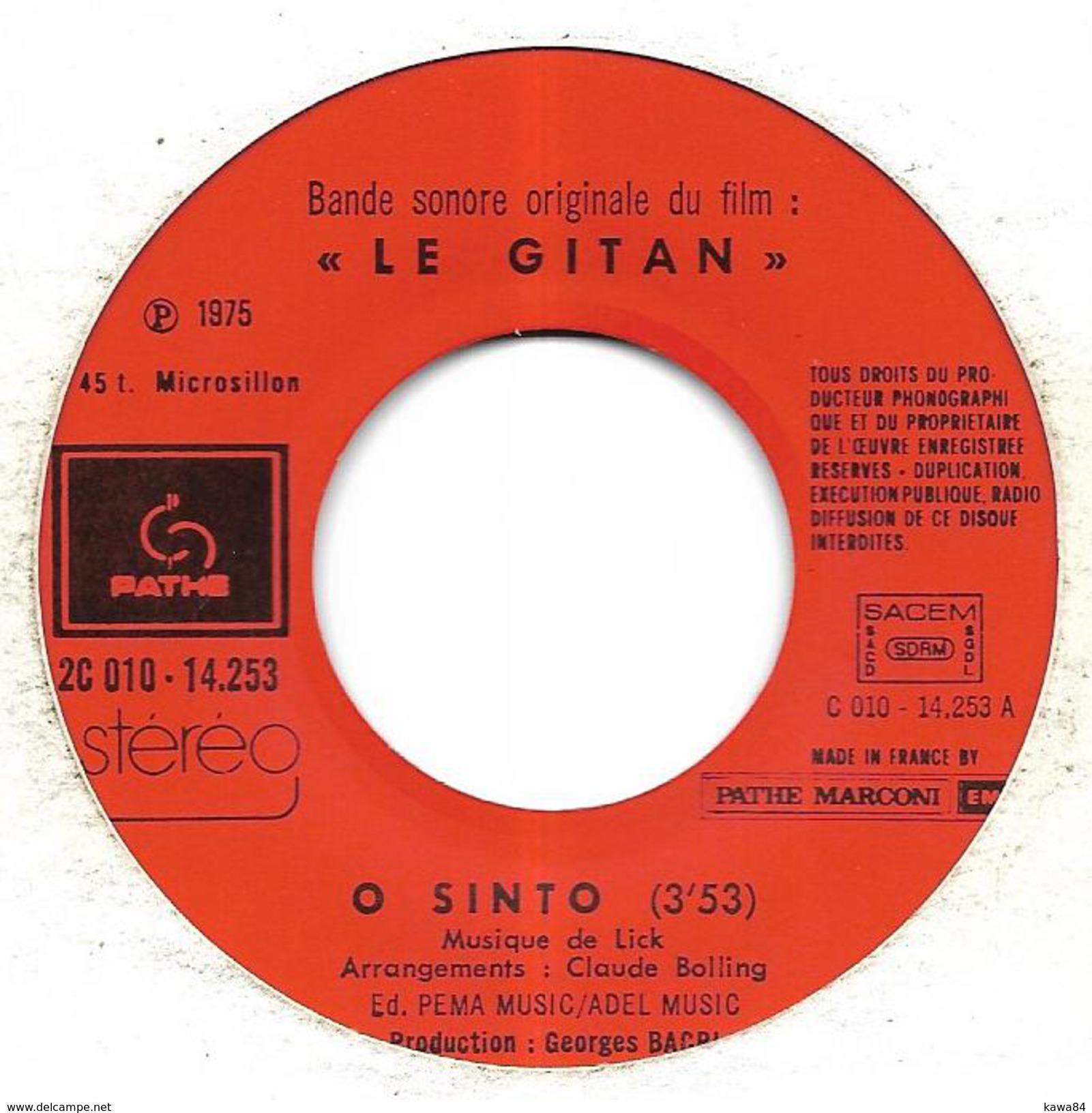 SP 45 RPM (7")  B-O-F  Claude Bolling Et Lick / Alain Delon  "  Le Gitan  " - Filmmusik