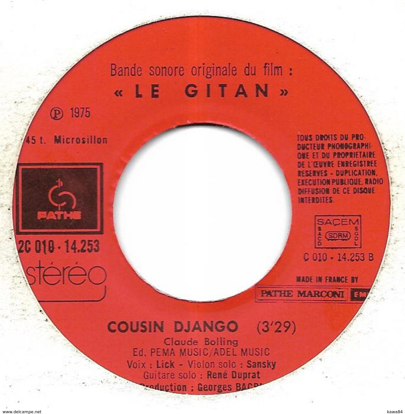 SP 45 RPM (7")  B-O-F  Claude Bolling Et Lick / Alain Delon  "  Le Gitan  " - Filmmusik