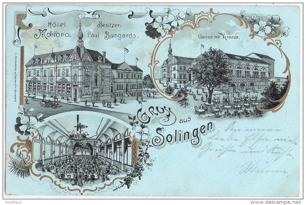 Solingen Mondschein Litho Hotel MONOPOL Von Außen Frontal + Garten Saal 9.1.1902 Gelaufen - Solingen