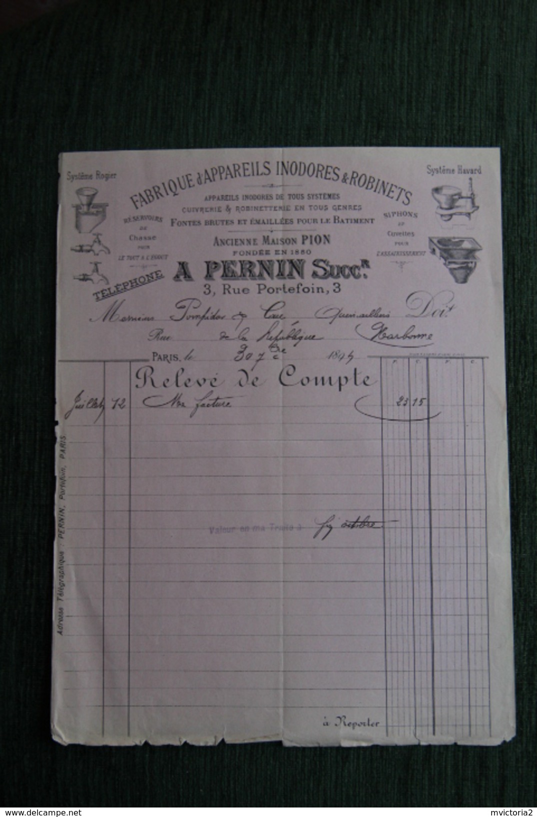 Facture Ancienne, NARBONNE - A.PERNIN, Fabrique D'appareils Inodores Et Robinets, 3 Rue Portefoin. - 1800 – 1899