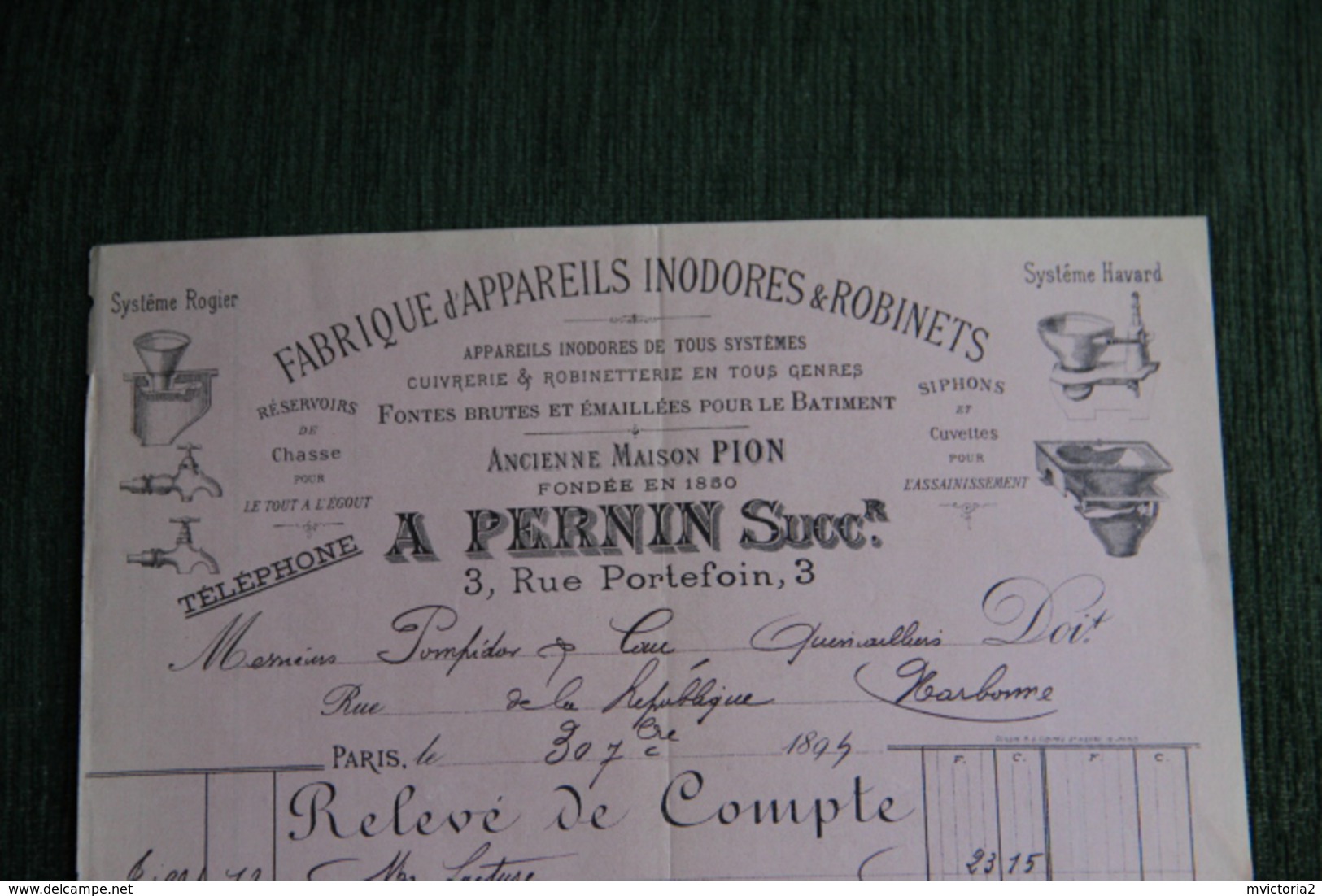 Facture Ancienne, NARBONNE - A.PERNIN, Fabrique D'appareils Inodores Et Robinets, 3 Rue Portefoin. - 1800 – 1899