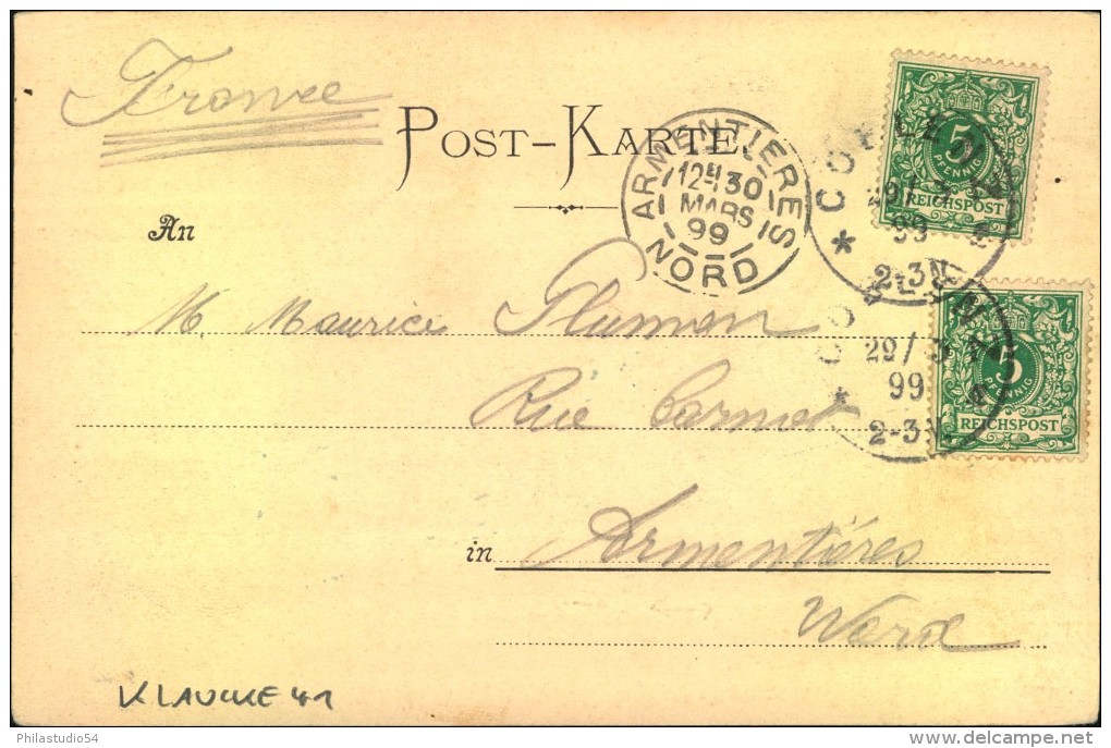 1899, Auslandskarte Mit Klauckestempel COBLENZ (Mi-Nr. 41) Frankiert Mit 2-mal 5 Pfg. Krone/Adler. - Franking Machines (EMA)