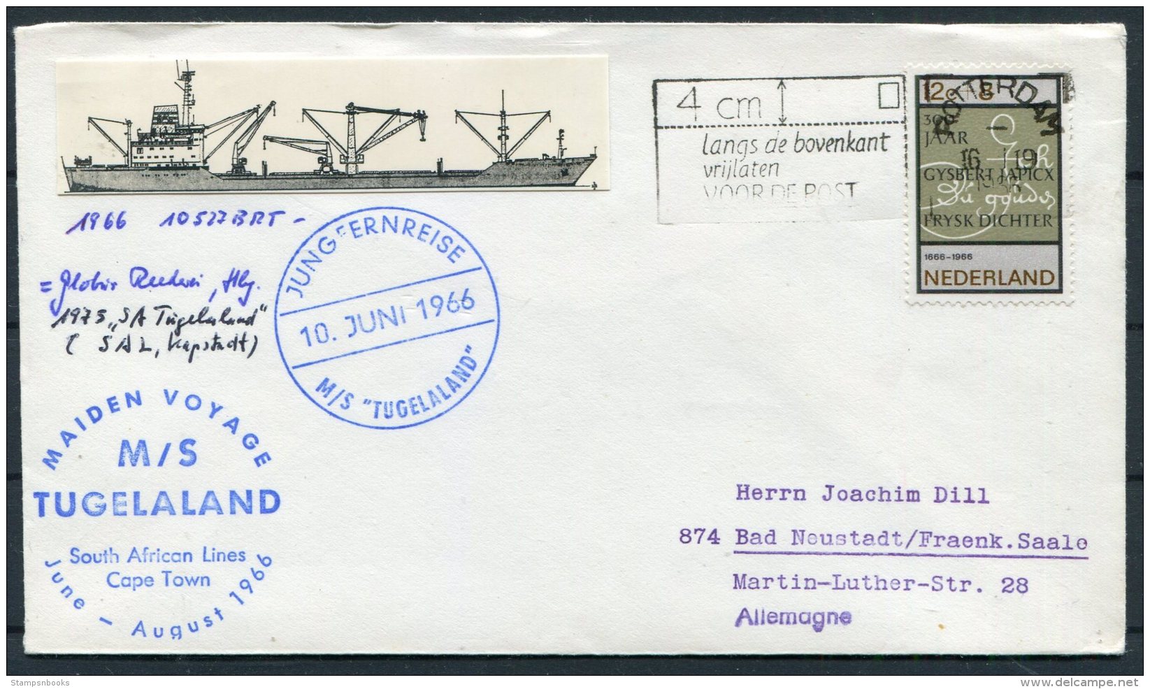 1966 Netherlands Rotterdam South Africa M/S TUGELALAND Ship Cover - Covers & Documents