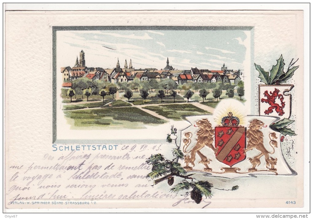 SELESTAT-SCHLETTSTADT (Bas-Rhin) GRUSS Dessin-Dessinée-Armoirie-Blason-Ecusson Lion-Vue De  Ville Illustrateur-GAUFFREE - Selestat