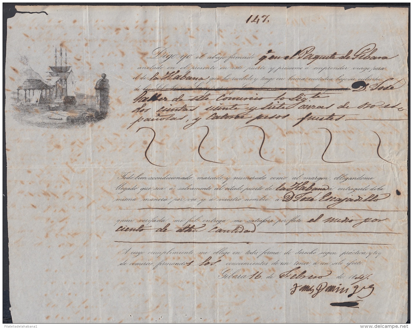 E4707 CUBA ESPAÑA SPAIN. 1847. RECIBO DE CARGA DE BARCO EN GIBARA. SHIP EMBARK DOC TO HAVANA. - Historical Documents