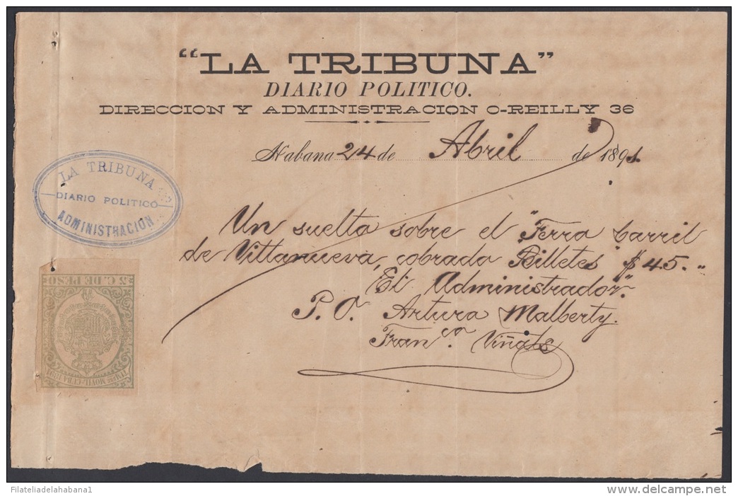 E4734 CUBA ESPAÑA SPAIN. 1891. RECIBO PERIODICO LA TRIBUNA. NEWSPAPER INVOICE. TIMBRE MOVIL REVENUE STAMP. - Historische Documenten