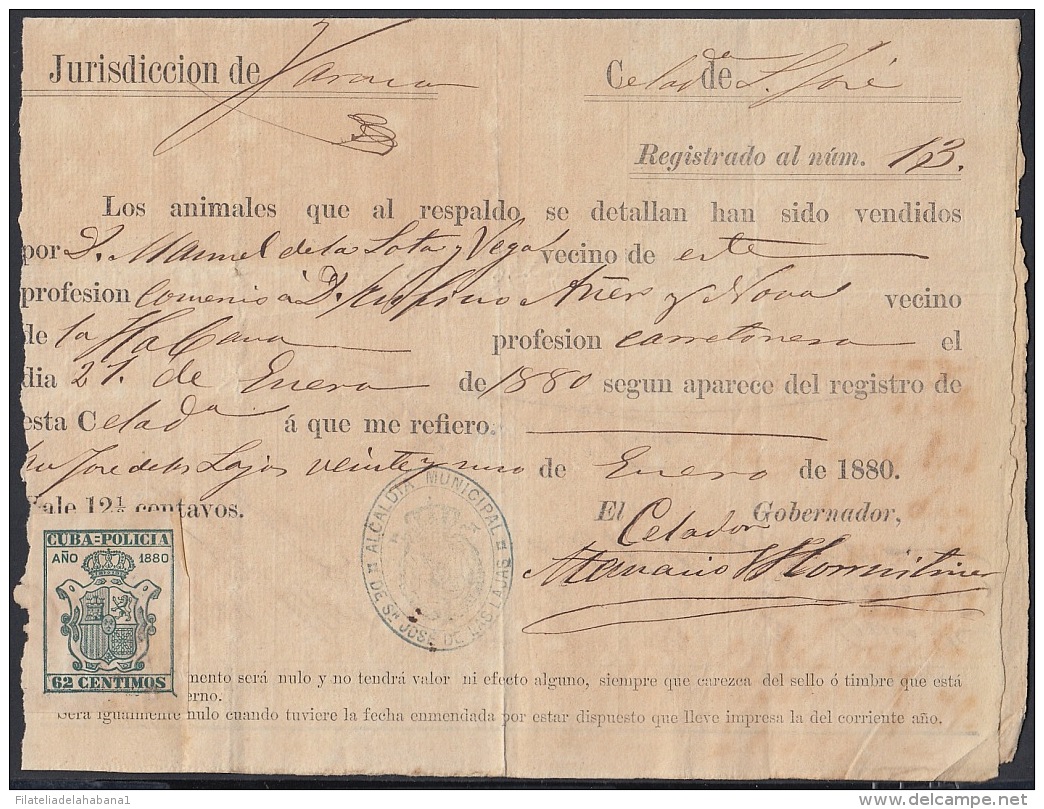 POL-46 CUBA SPAIN ESPAÑA (LG-1061) 1880. 62c. S. JOSE DE LAS LAJAS. LICENCIA DE VENTA DE ANIMALES. REVENUE POLICE. - Timbres-taxe