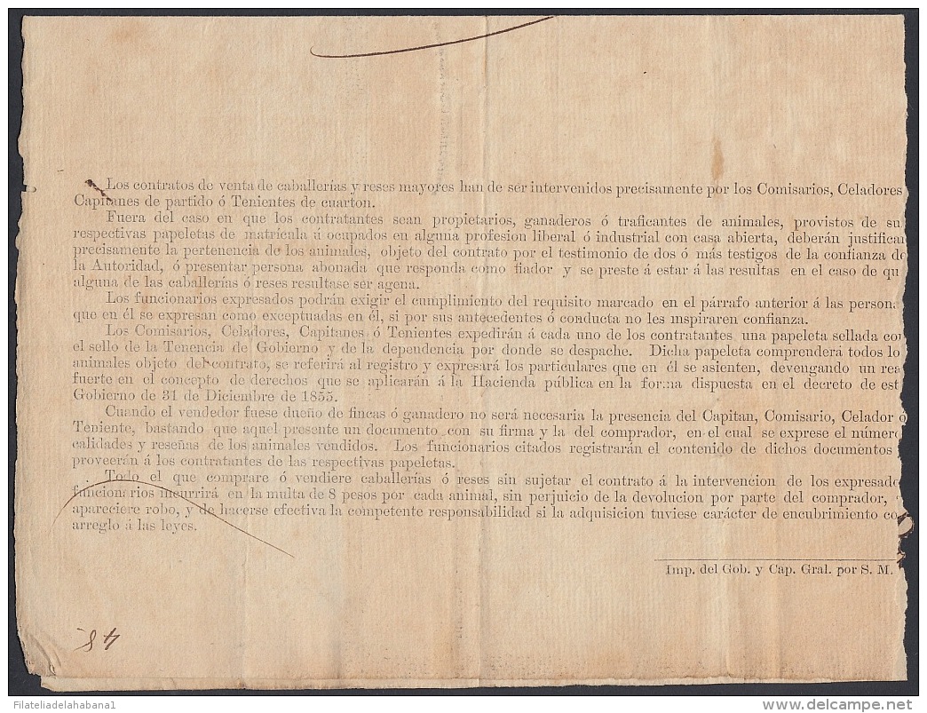 POL-46 CUBA SPAIN ESPAÑA (LG-1061) 1880. 62c. S. JOSE DE LAS LAJAS. LICENCIA DE VENTA DE ANIMALES. REVENUE POLICE. - Timbres-taxe