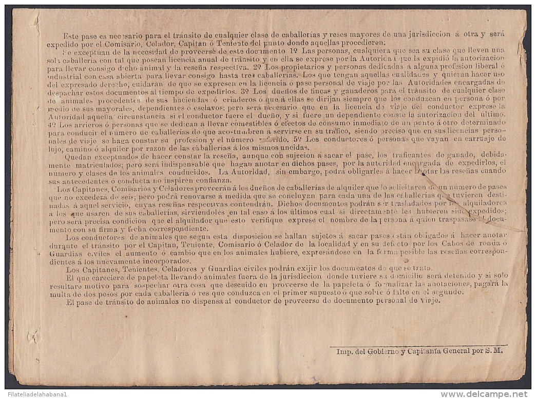 POL-47 CUBA SPAIN ESPAÑA (LG-1062) 1879. 62c. CABEZAS. LICENCIA DE PASO DE ANIMALES. REVENUE POLICE. - Timbres-taxe