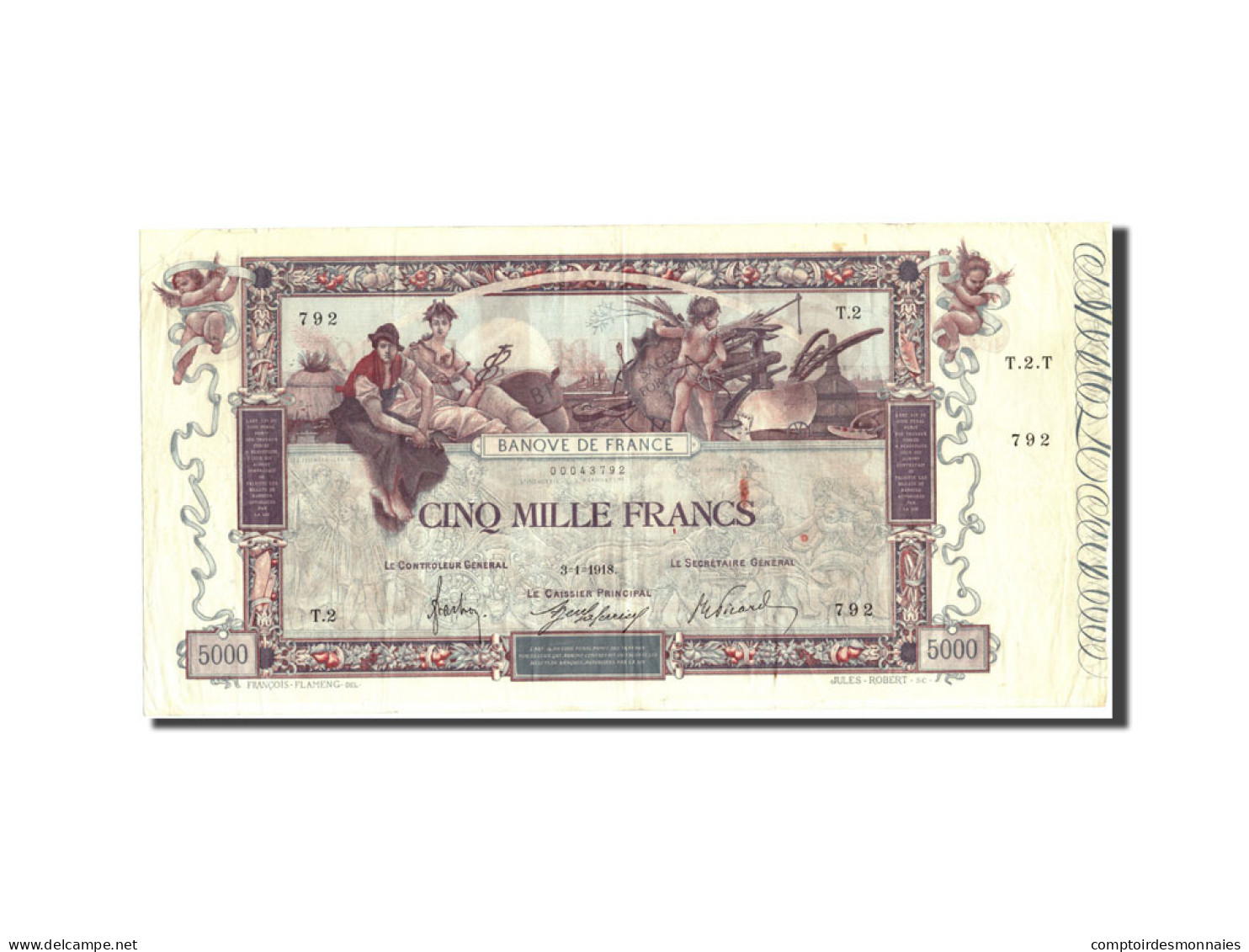Billet, France, 5000 Francs, 5 000 F 1918 ''Flameng'', 1918, 1918-01-03, TTB - 5 000 F 1918 ''Flameng''