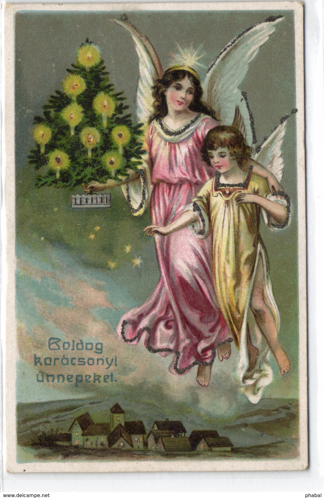 Christmas, Angels Flying With A Cristmas Tree Above The Village, Old Postcard - Angels