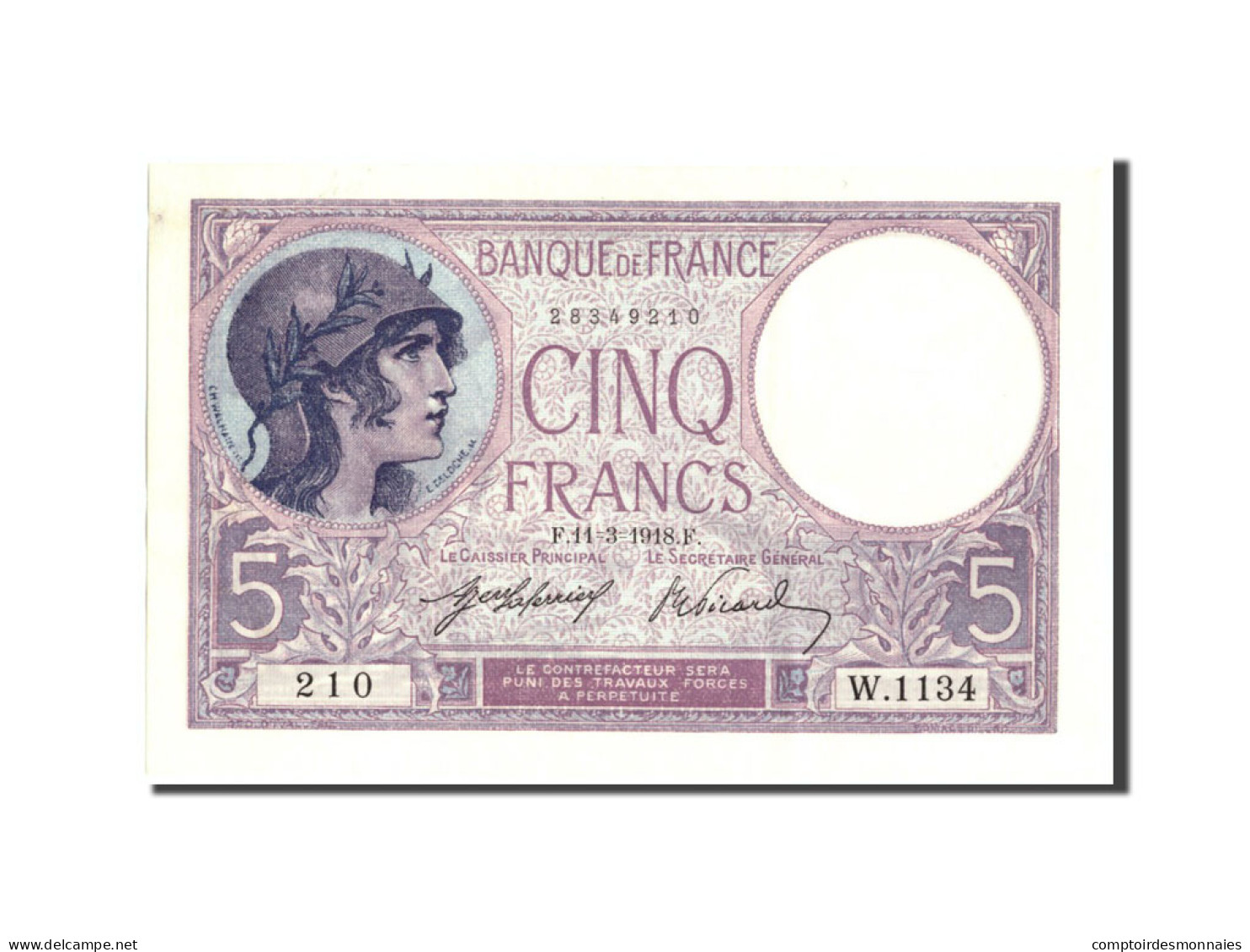 Billet, France, 5 Francs, 5 F 1917-1940 ''Violet'', 1918, 1918-03-11, SPL - 5 F 1917-1940 ''Violet''