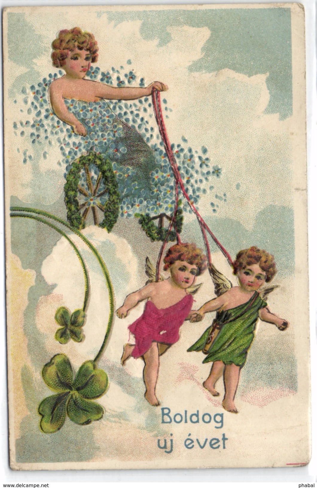 New Year, Angels Pulling A Sky Carriage, Old Embossed Postcard With Inlay - Angels