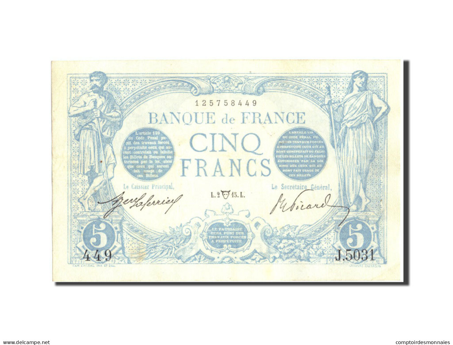 Billet, France, 5 Francs, 5 F 1912-1917 ''Bleu'', 1915, 1915-04-02, SUP - 5 F 1912-1917 ''Bleu''