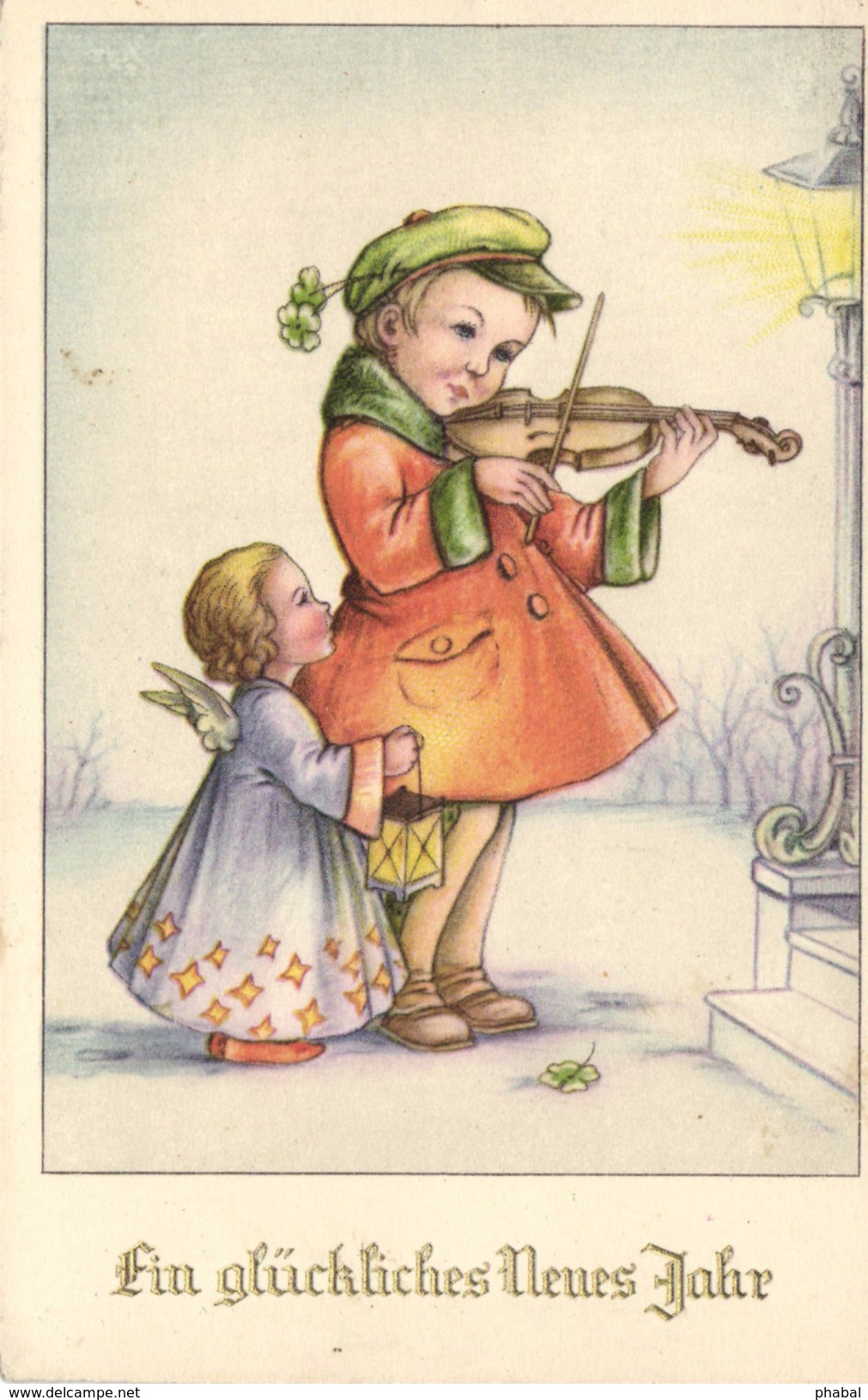 New Year, Boy With An Angel Playing On A Violin, Old Postcard - Angels