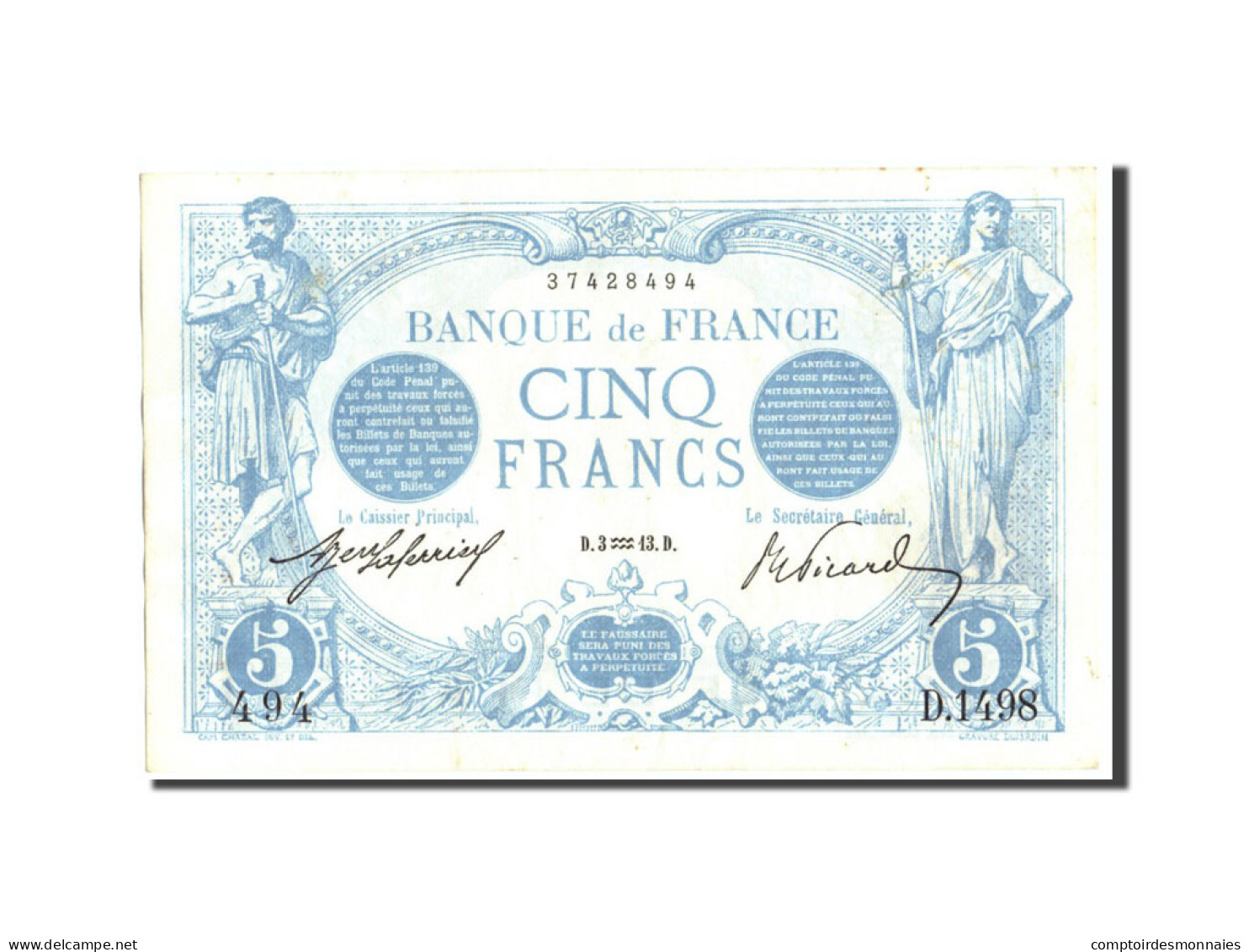 Billet, France, 5 Francs, 5 F 1912-1917 ''Bleu'', 1913, 1913-01-03, SUP - 5 F 1912-1917 ''Bleu''