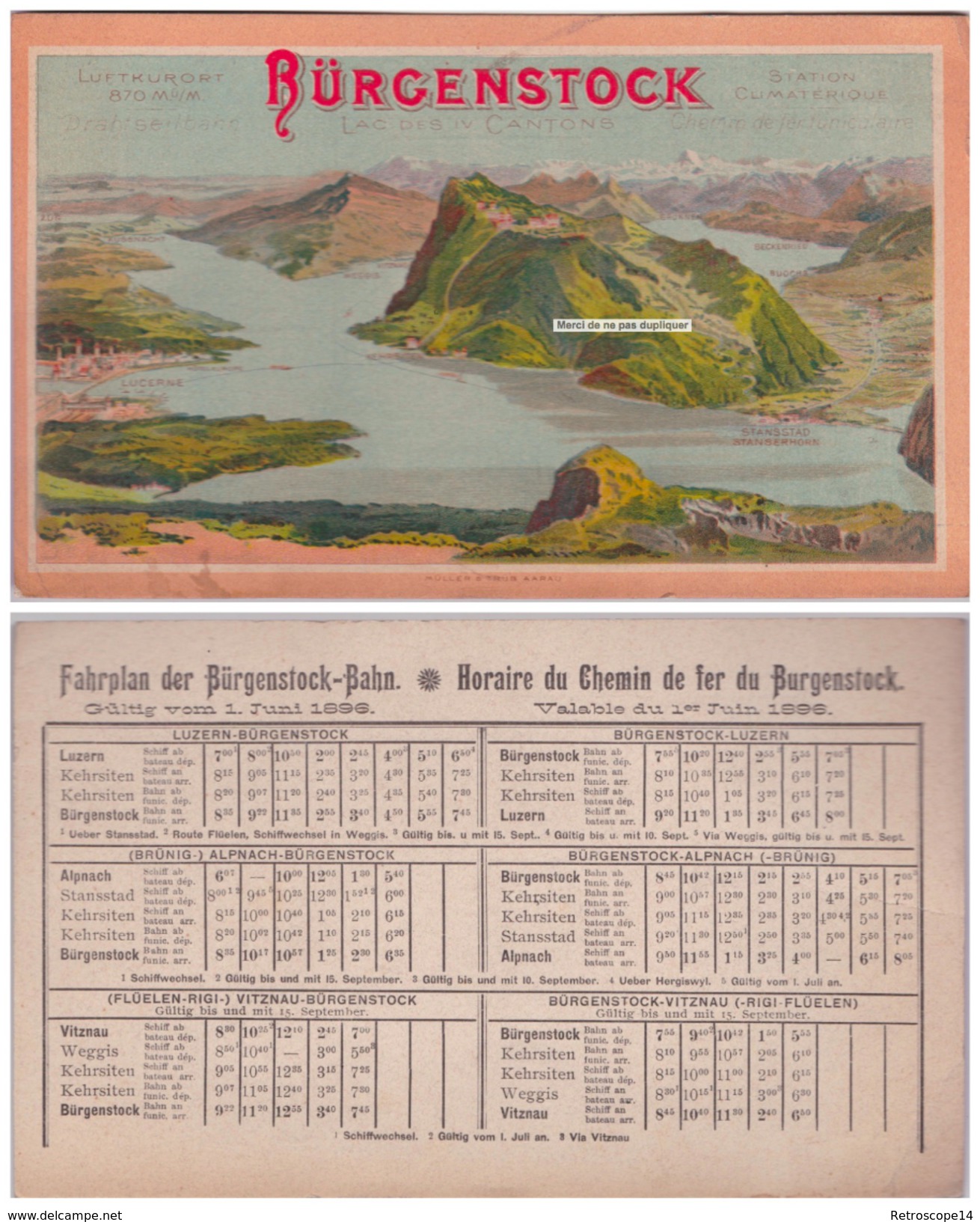 TRÈS RARE. 1896. Horaires Du CHEMIN De FER De BURGENSTOCK / FAHRPLAN BURGENSTOCK BAHN. - Europe