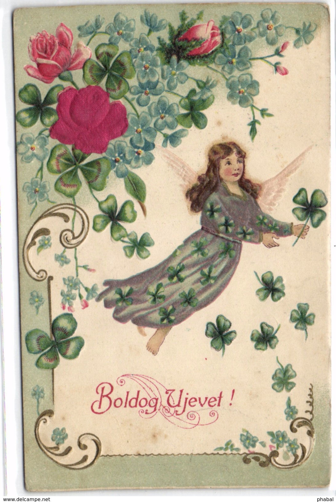 New Year, Angel Flying With Clovers, Old Embossed Postcard Pre. 1905 - Angels