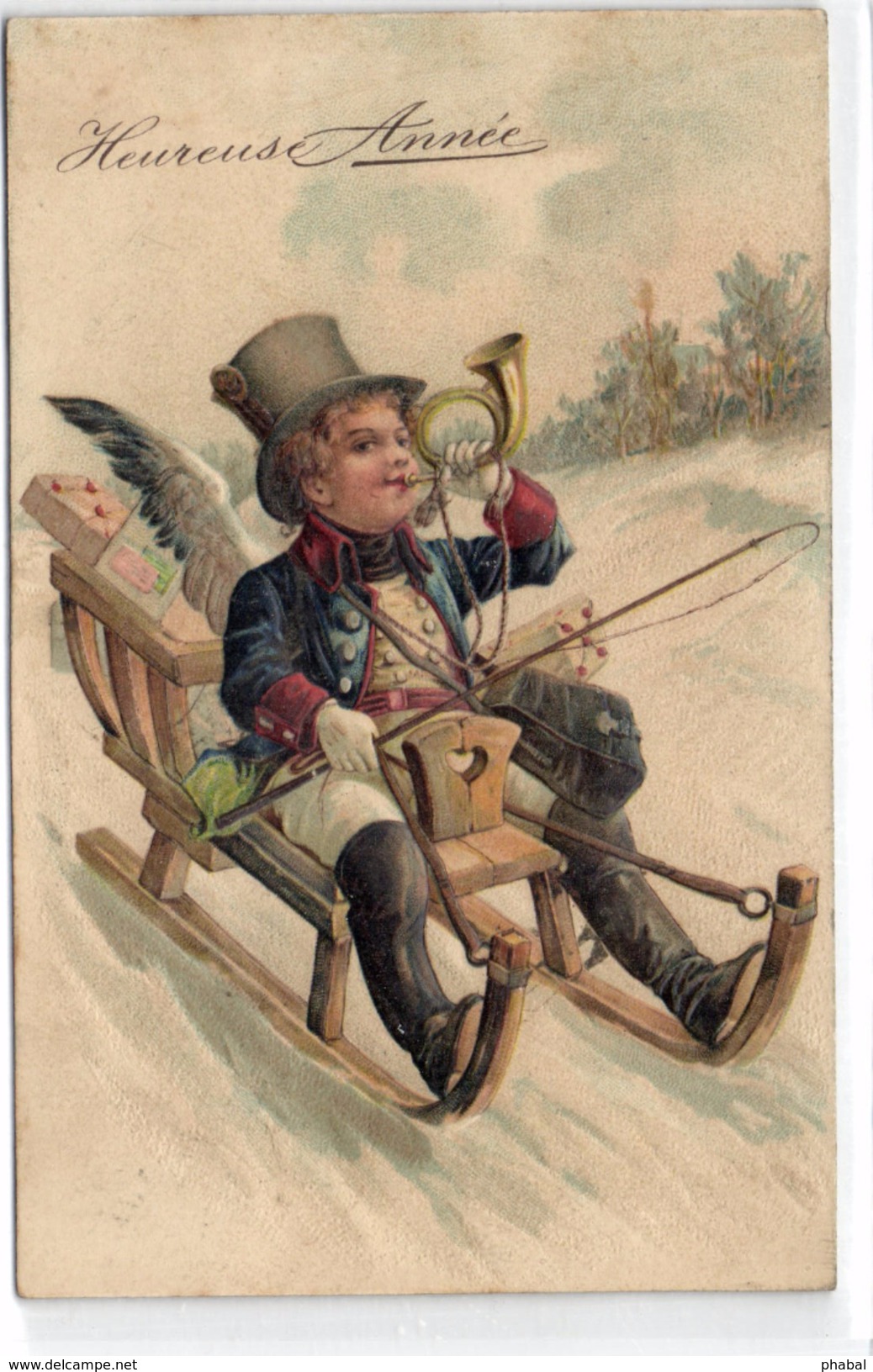 New Year, Angel Boy On A Sled With A Horn, Beautiful Old Embossed Postcard - Angels