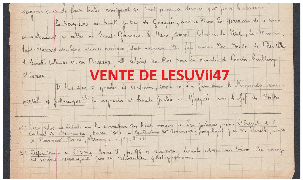 Gâprée (61-Orne) " Manuscrit original et inédit du début du siècle de CHARLES VEREL, de 105 pages & 93 documents de...