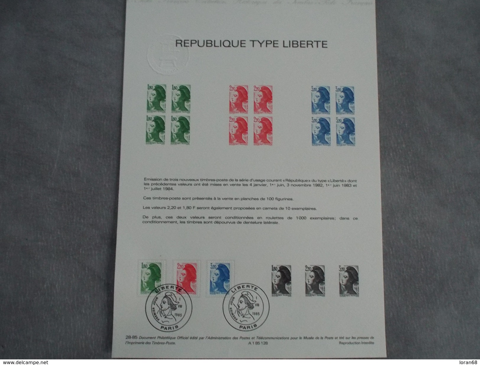 FDC Format A4 - République Type Liberté - Paris 01/08/1985 - 1980-1989