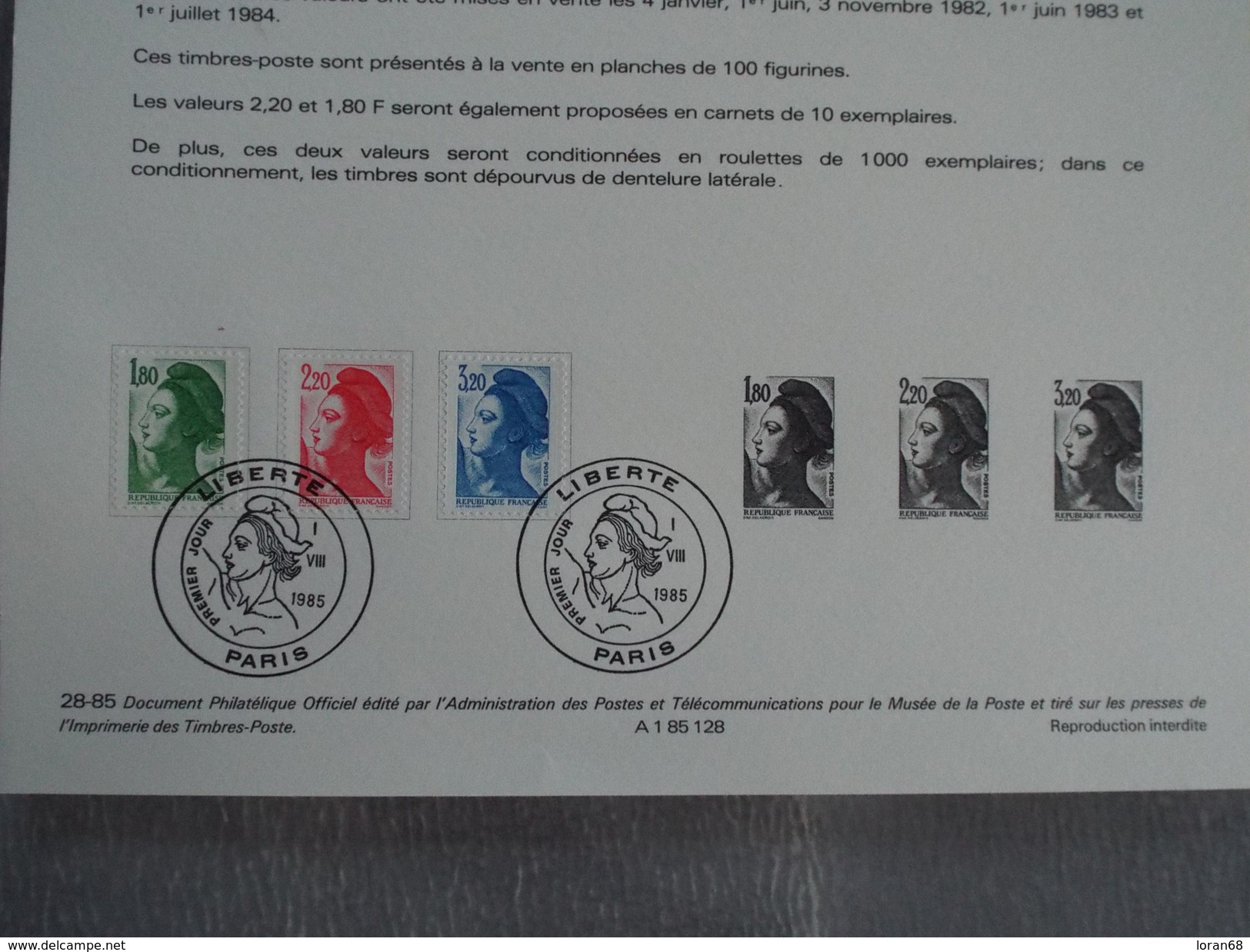 FDC Format A4 - République Type Liberté - Paris 01/08/1985 - 1980-1989