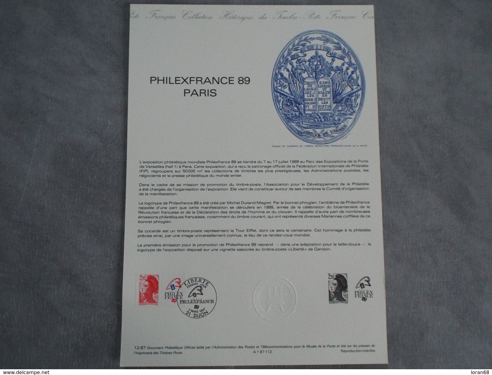 FDC Format A4 - Philexfrance 89 à Paris - Liberté - Dijon 07/03/1987 - 1980-1989