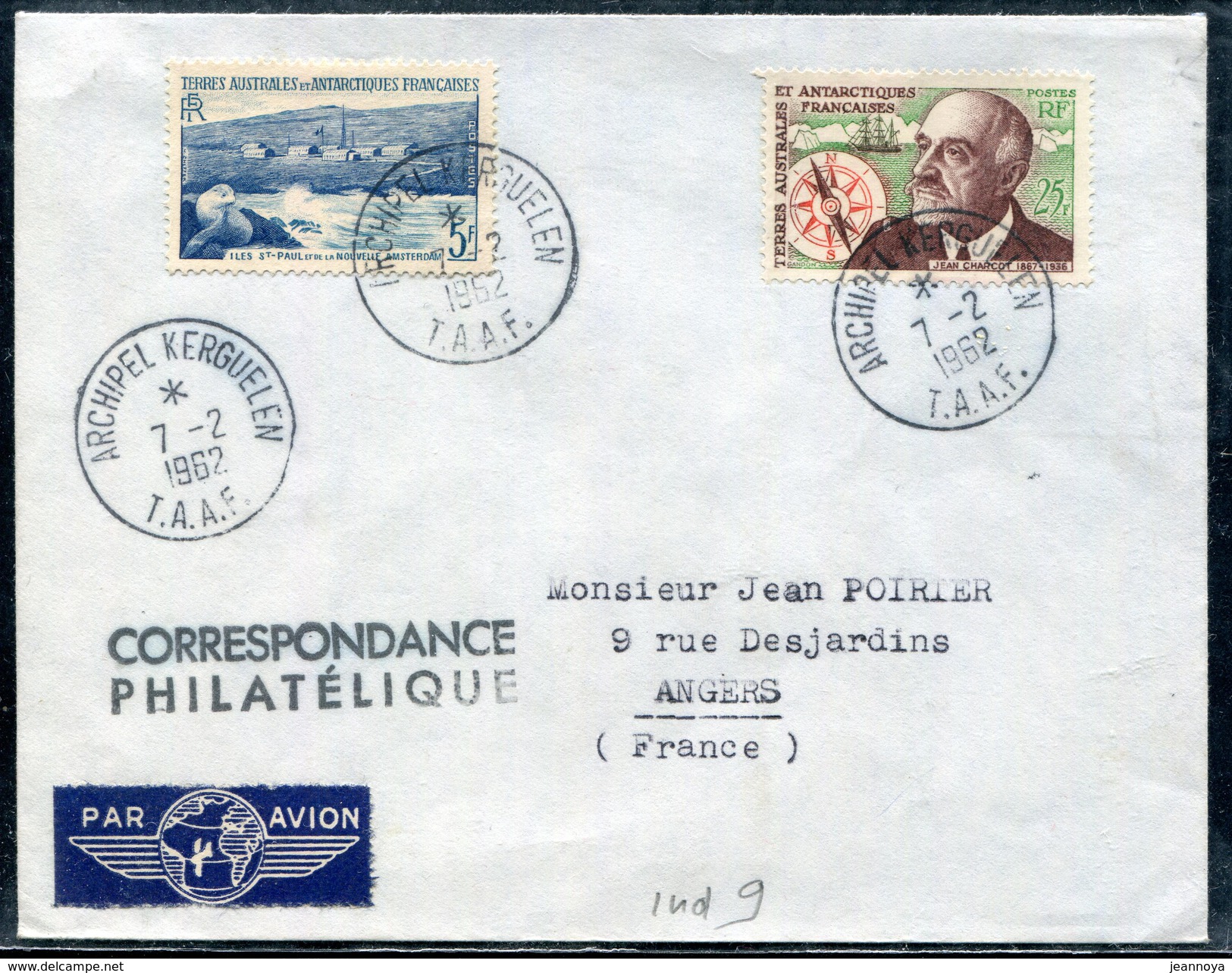 T.A.A.F. -   N° 4 + 19 / LETTRE AVION  DES KERGUELEN LE 7/2/1962 POUR ANGERS - SUP - Covers & Documents