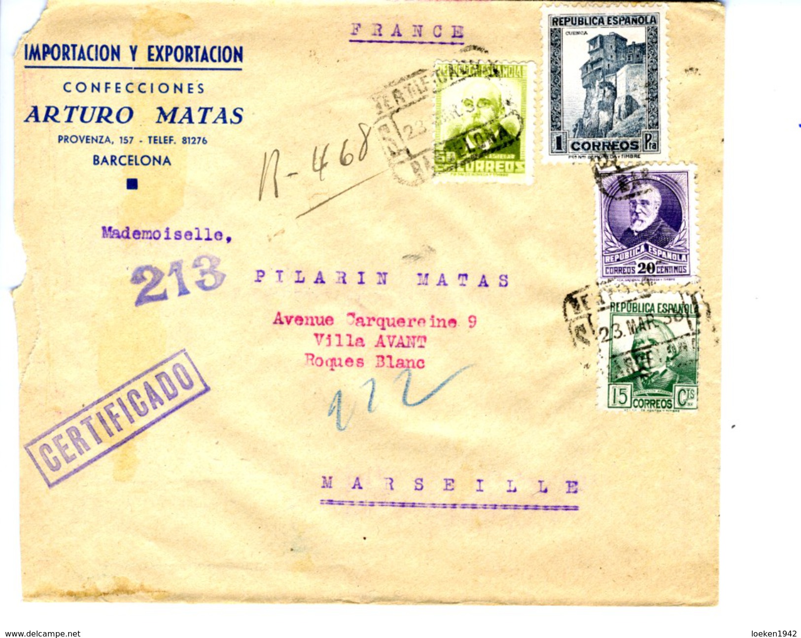 GUERRA CIVIL   Carta Certificada   23MAR38  Franqueada 1,95p Envez De 2,20 Hasta Paris        EL419 - Cartas & Documentos