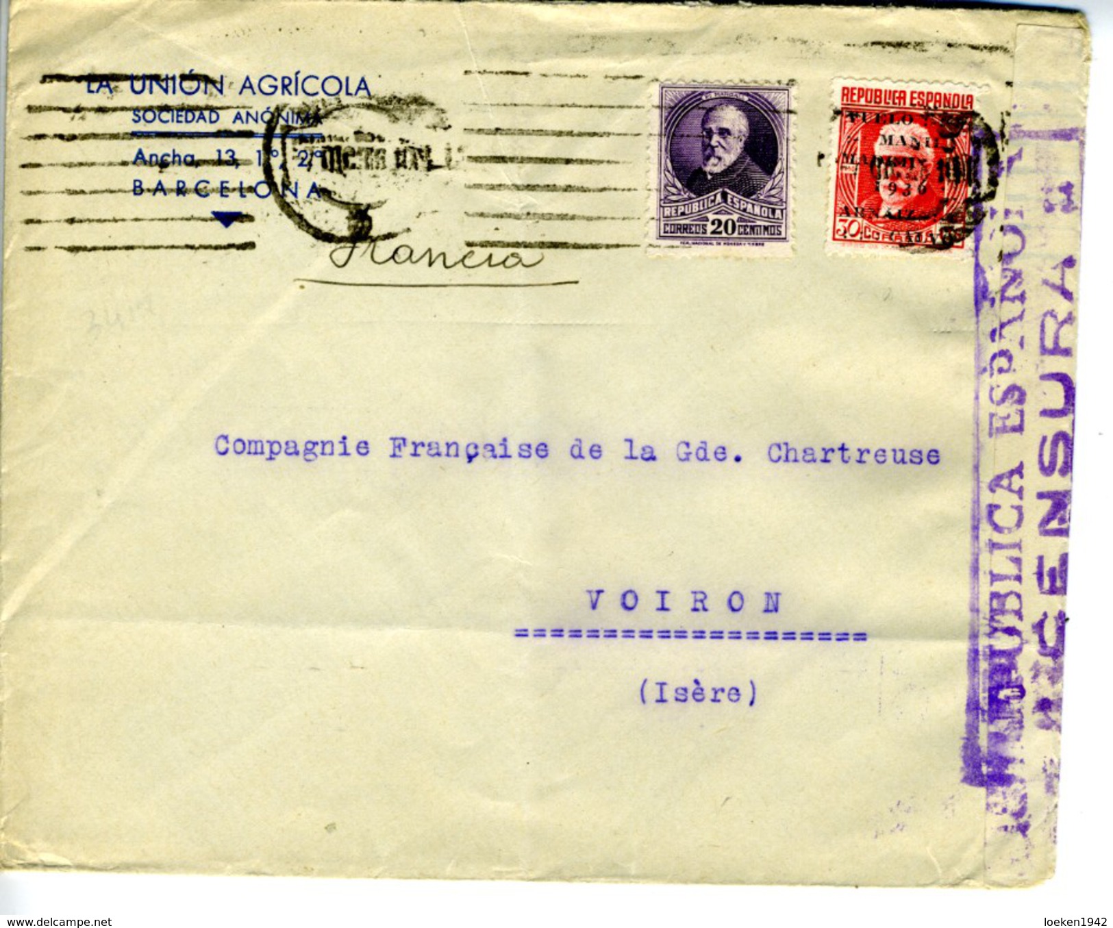 GUERRA CIVIL Carta Con Sello MANILLA -MADRID N° 741 7DIC36   Hasta Francia GB         EL421 - Covers & Documents