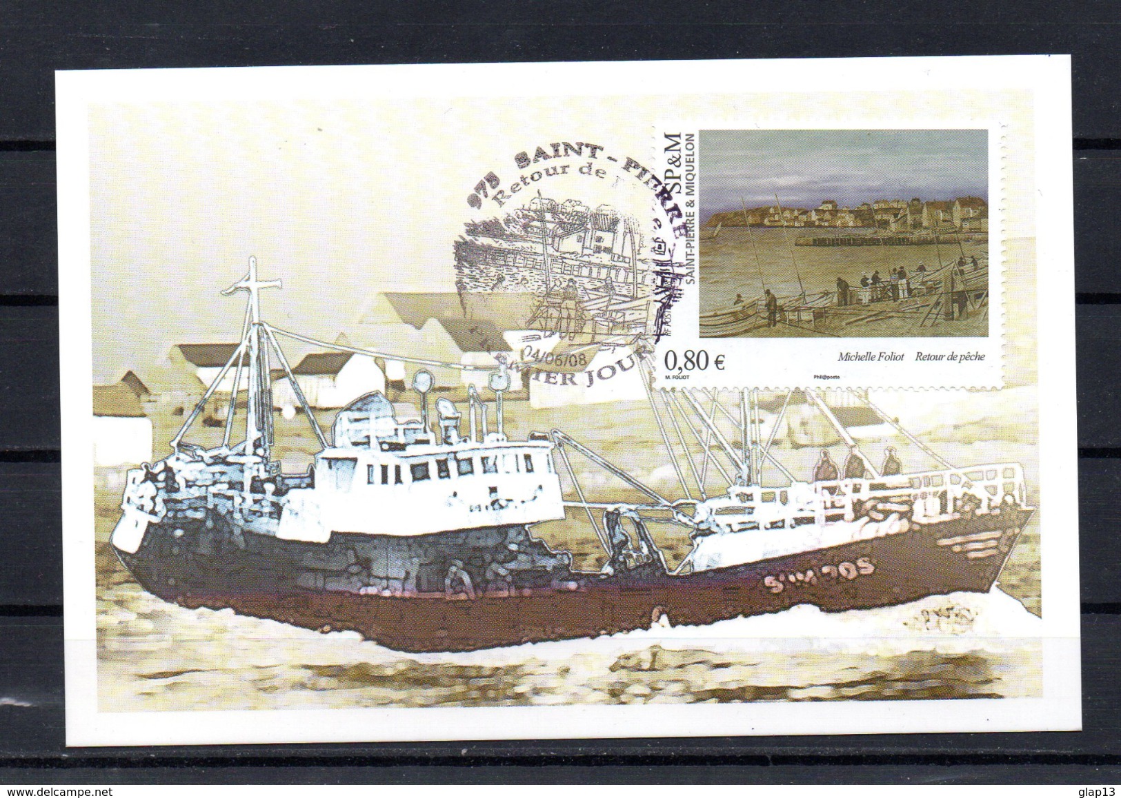 SAINT PIERRE ET MIQUELON 2008 CARTE MAXIMUM TIMBRE N°924 TABLEAU RETOUR DE LA PECHE DE MICHELLE FOLIOT - Tarjetas – Máxima