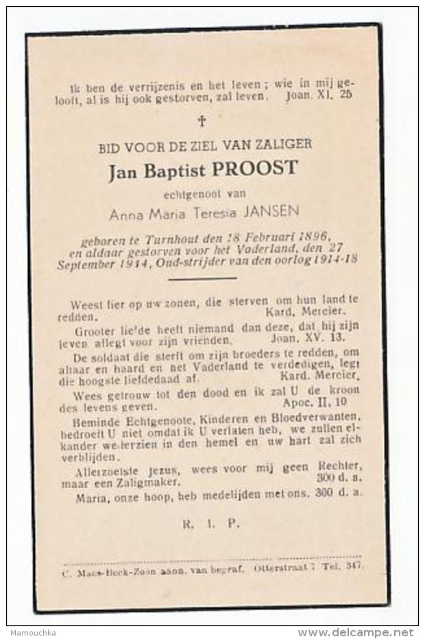 Jan Baptist PROOST Echtg. Anna Maria Jansen Turnhout 1896 Gestorven Voor Vaderland 1944 Oorlog Oud Strijder 14/18 - Images Religieuses
