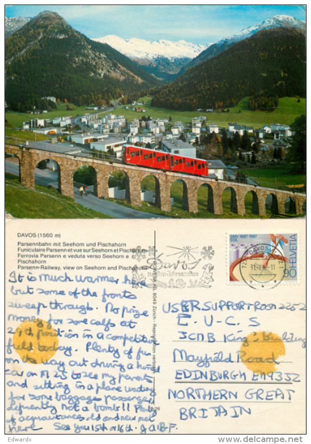 Railway Train, Davos, GR Graubünden, Switzerland Postcard Posted 1988 Stamp - Davos