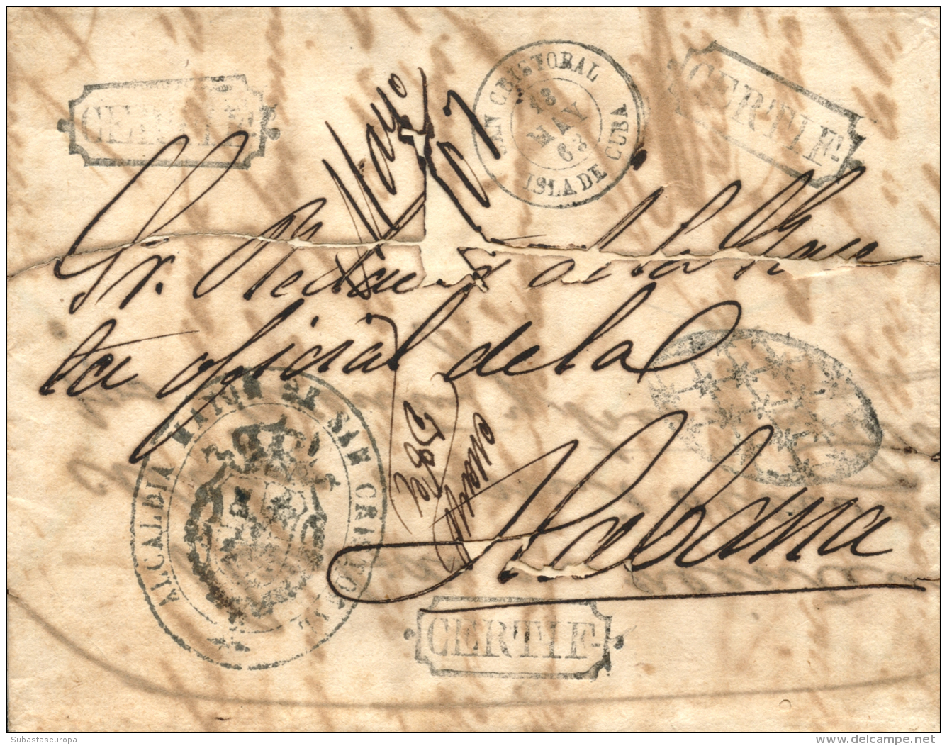 CUBA. 1863. Carta Certificada De San Cristóbal A La Habana. Tres Marcas CERTF. (P.E. 4). Fechador San... - Cuba (1874-1898)