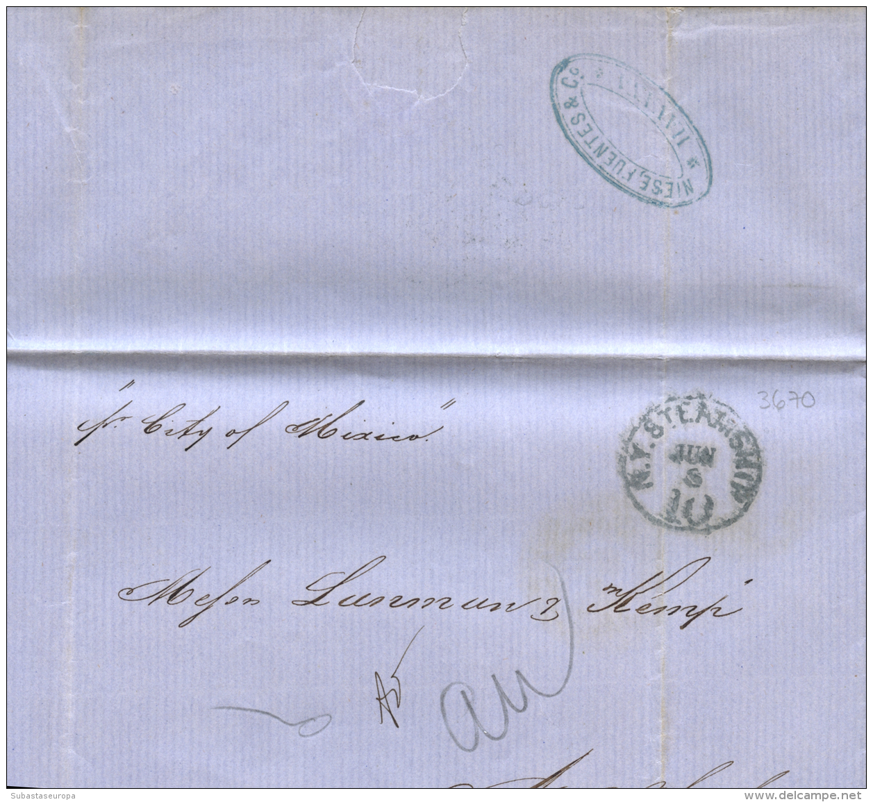 CUBA. 1871. Carta De Matanzas A New York. Matasello N.Y. Steamship/10 En Azul. Al Dorso Marca Del Encaminador... - Cuba (1874-1898)