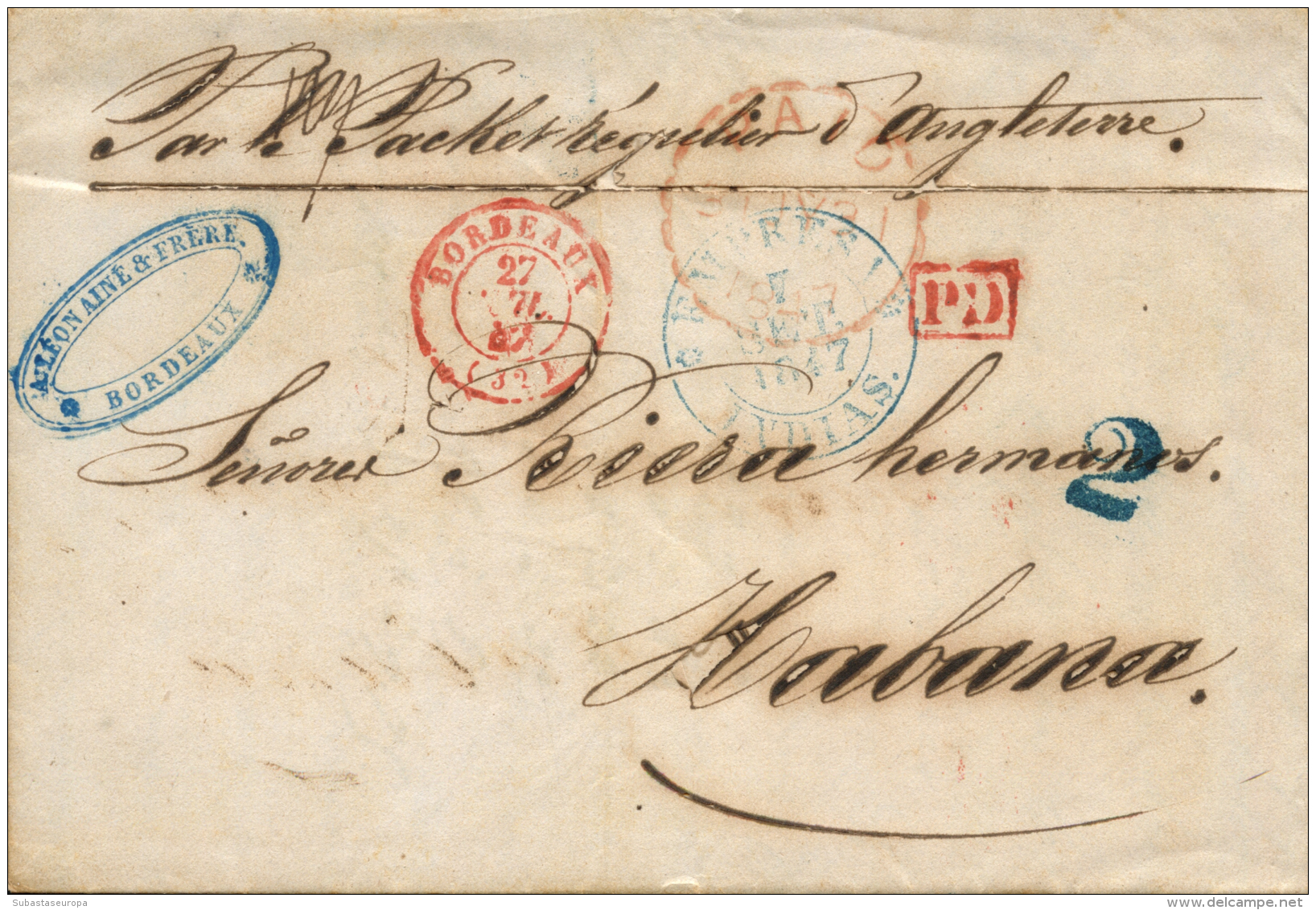 CUBA. 1845. Carta De Burdeos A La Habana. Marca "Empresa / Indias" En Azul (P.E. 57). Manuscrito "Par Le Packet... - Cuba (1874-1898)