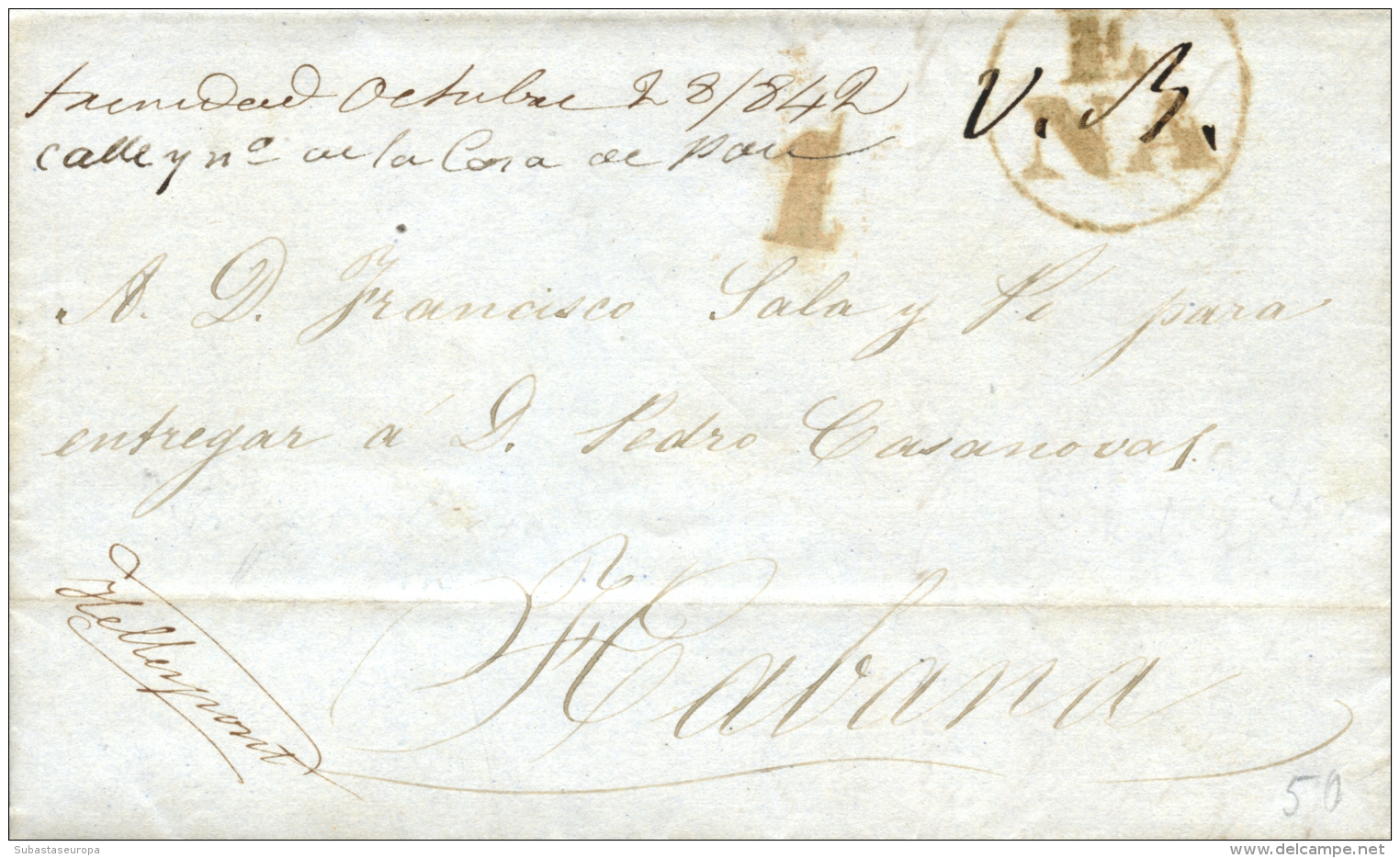 CUBA. 1842. Carta De New York A La Habana Y Reexpedida A Trinidad. Marca De Empresa "E / NA" (P.E. 66),... - Cuba (1874-1898)