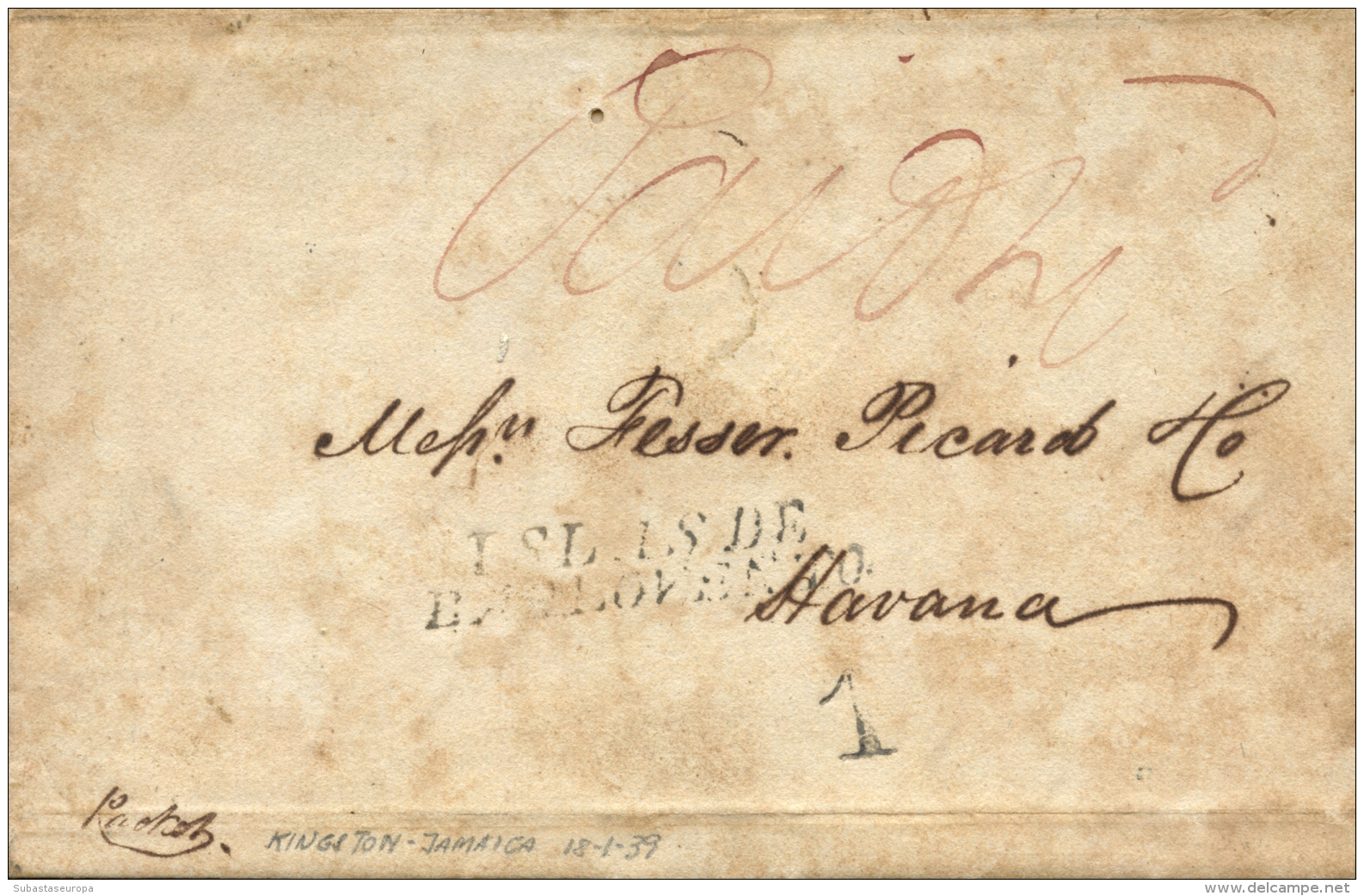 CUBA. 1839. Carta De Kingston (Jamaica) A La Habana, El A&ntilde;o 1839. Marca "ISLAS DE BARLOVENTO" En Negro (P.E.... - Cuba (1874-1898)