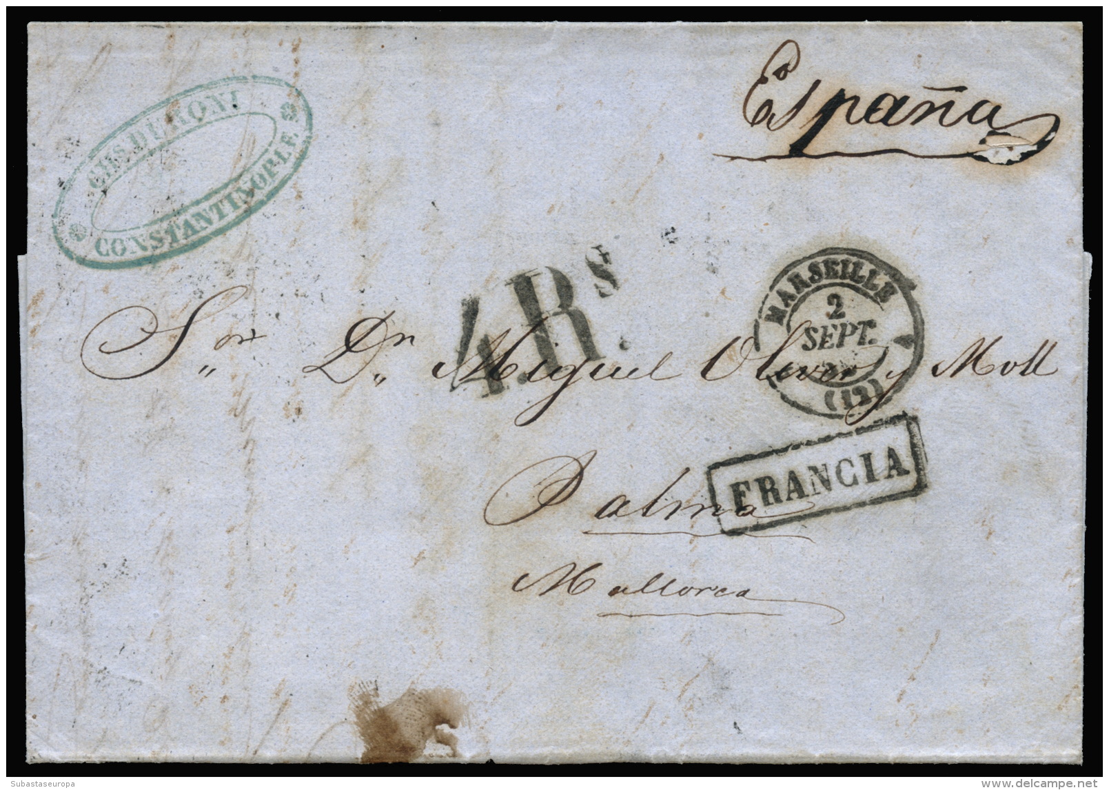 D.P. 28. 1859. Carta Completa Fechada En Constantinopla (24 AGO), Por Marsella (2 SEP), Ambulante Cette-Burdeos (3... - ...-1850 Prephilately