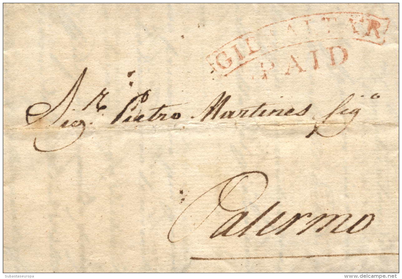 D.P. 26. 1843. Carta De Gibraltar A Palermo (Italia). Marca "GIBRALTAR/PAID" En Rojo (P.E. 6). Rarísima Y... - ...-1850 Prephilately